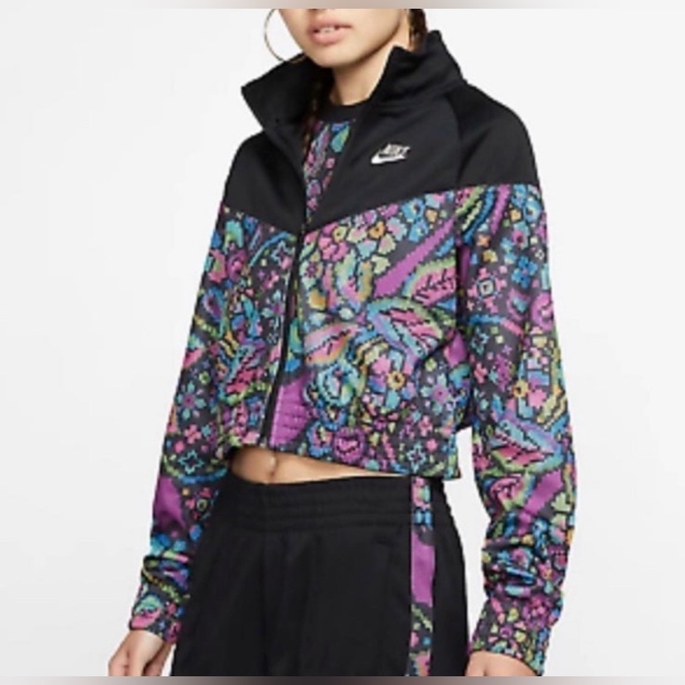 NIKE Women’s Large Lg Floral print Sport Jacket black purple pink blue green zip